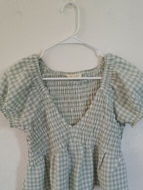 La Hearts Sage Green Plaid Smocked V-Neck Top